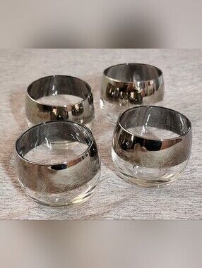 4 Vintage Mercury Glass Thick Silver Rim Roly Poly Glasses Tumblers 5oz.